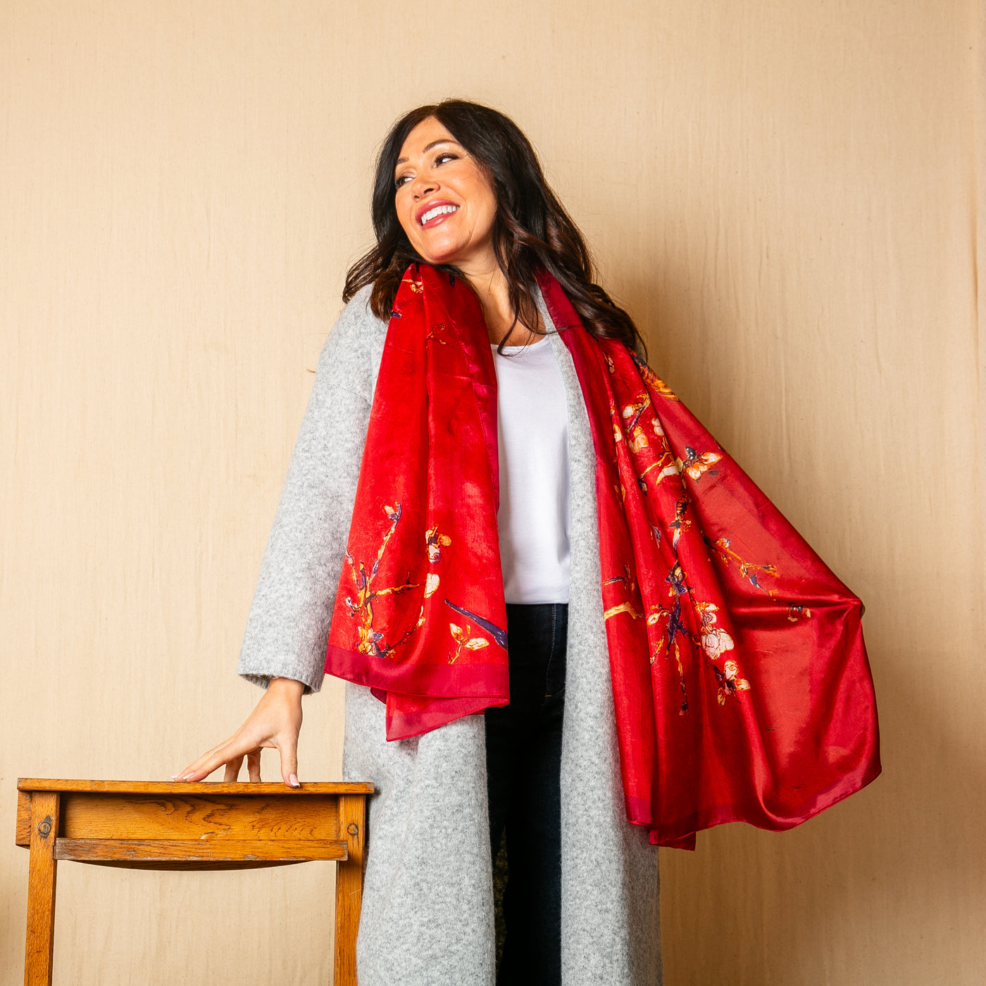 Spring Buds Red Large Silk Scarf