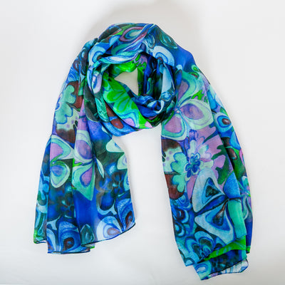 Hibiscus Blue Large Silk Scarf